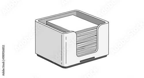 Square white memo pad holder is shown filled with a thick stack of individual paper sheets for taking quick notes and reminders.
