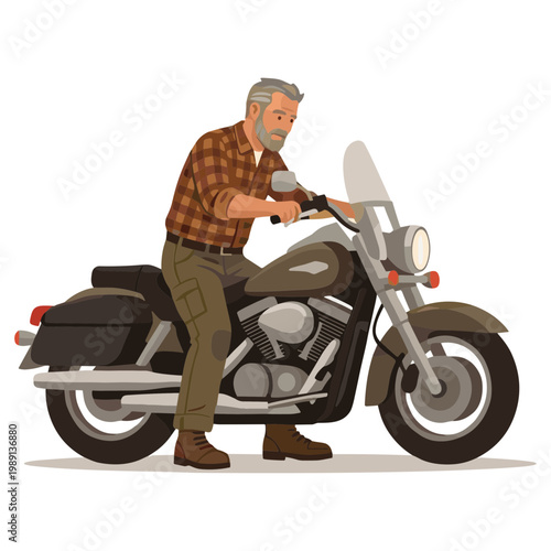 An older man sitting on a motorcycle wearing a plaid shirt