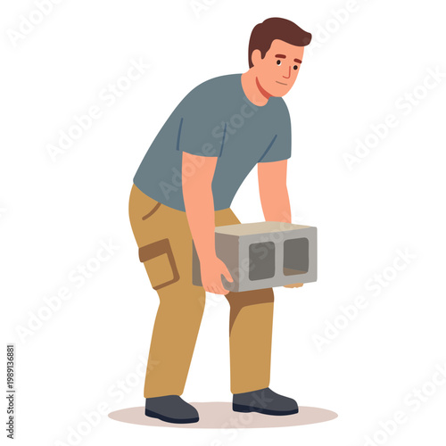 Man lifting heavy box in a warehouse setting with care and effort