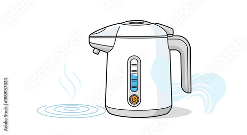 Modern white electric water kettle with a digital temperature display is shown with subtle steam effects for kitchen appliance design.