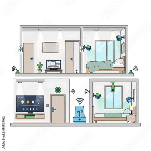 Smart home interior with wireless devices.