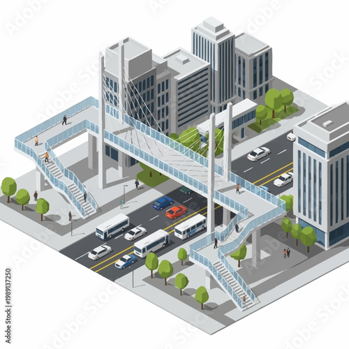 Bilde på lerret Modern pedestrian overpass connecting city buildings with traffic below
