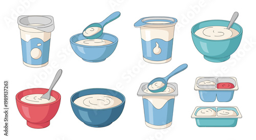 Collection of various yogurt containers and bowls with spoons shown in a clean flat vector illustration style for dairy product design.