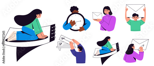 Flat illustration set of people managing email communication, deadlines, and tasks, featuring characters typing on laptop, holding envelopes, checking clock, and completing checklist.