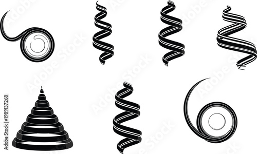 abstract spiral shapes set, swirl vector collection, twisted ribbon design, dynamic spiral elements, black abstract curves, vortex shapes illustration, 