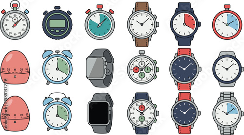 Watch and Clock Icon Set with Wristwatches, Stopwatches, Alarm Clocks, and Smartwatch Designs for Time Management, UI Design, and Technology Graphics