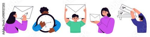 Flat illustration set of people managing email communication, deadlines, and tasks, featuring characters typing on laptop, holding envelopes, checking clock, and completing checklist.