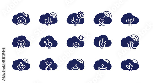 Cloud computing technology icons set for data storage and network solutions.
