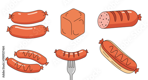 Selection of different sausage types including links sliced rolls and hot dogs for meat products and barbeque food advertisements.