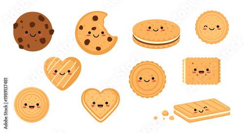 Collection of adorable cartoon cookies with happy smiling faces in various shapes and flavors for cute stationery or sticker designs.