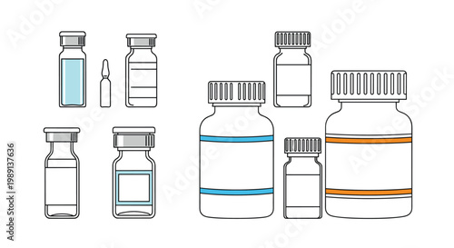 Assortment of medical glass vials and plastic medicine bottles with labels and caps for healthcare and pharmacy related industries.