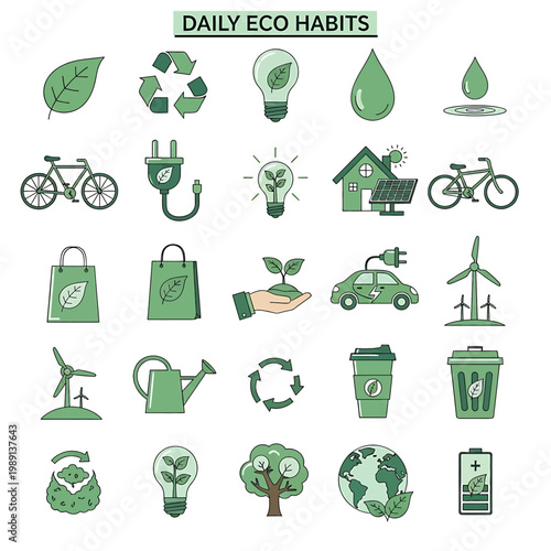 Eco friendly daily habits icons set.