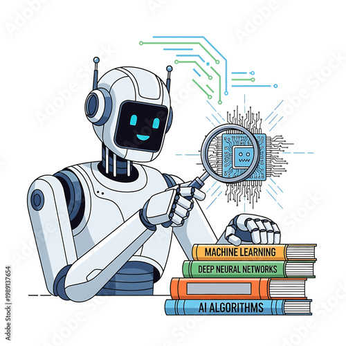 Robot Holding Magnifying Glass Closeup.