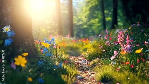 Serene forest path adorned with vibrant wildflowers under soft sunlight, evoking tranquility