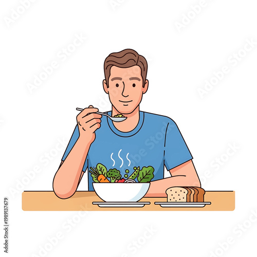 Man eating a bowl of salad.