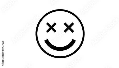 Simple black and white cartoon smiley face with x eyes.