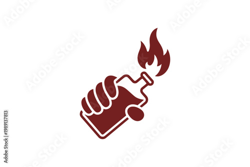 Hand holding a molotov cocktail with flames, symbol of unrest, red.