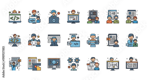 Collection of diverse flat design icons representing various aspects of web development and programming.