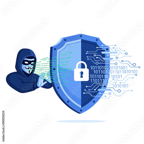 Hacker with shield and lock security.
