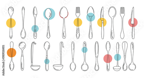 collection of hand drawn kitchen utensils including spoons forks knives and ladles illustrated with colorful circles in the background.