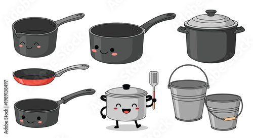 assortment of cute kitchen cookware characters including pots and pans with smiling faces along with metal buckets and a spatula.