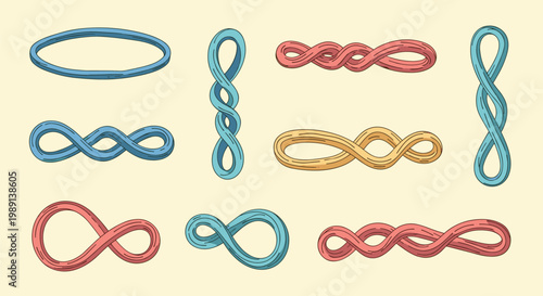 assortment of colorful twisted rubber bands or infinity symbols in blue red and yellow shown on a light cream background.