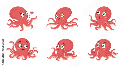set of six cute red octopuses displaying various emotions such as happy sad surprised and blowing a kiss on white background.