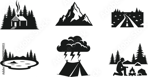 Set of outdoor adventure icons featuring cabin, mountain, road, lake, stormy camping, and campfire scenes
