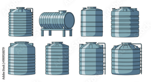 collection of industrial water storage tanks in different shapes and sizes made of blue plastic material for residential use.