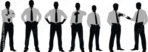 Businessman silhouette collection standing poses, professional corporate men isolated on white background, office worker leadership concept illustration