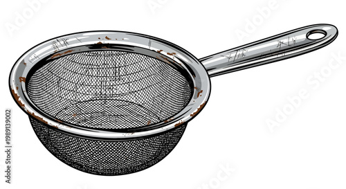 Vintage metal sieve with handle on white background