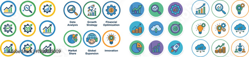 collection of business growth analytics circular vector icons, isolated on white
