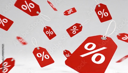 Red discount tags with percentage symbols falling and floating in a dynamic composition for sale promotions