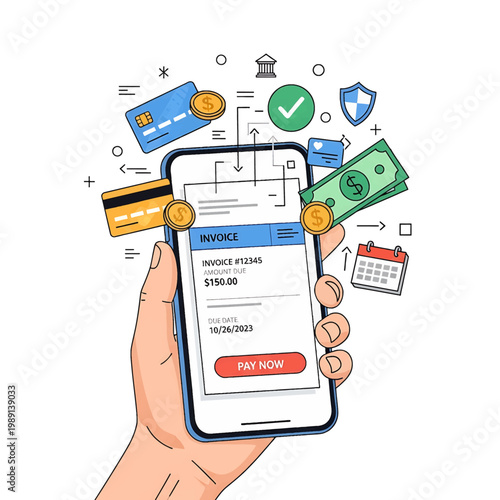 Hand holding smartphone with invoice.