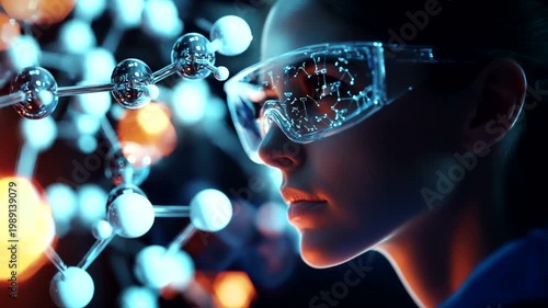 Close-up of a scientist wearing futuristic glasses, analyzing molecular structures in a lab