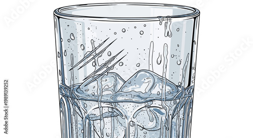 Clear glass with ice cubes and water, condensation drips
