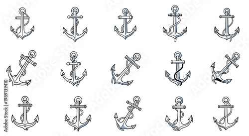 collection of fifteen classic maritime anchors with ropes entwined around them illustrated in various styles and angles for design.