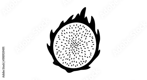 A black and white illustration of a circular object with dots surrounded by flames.