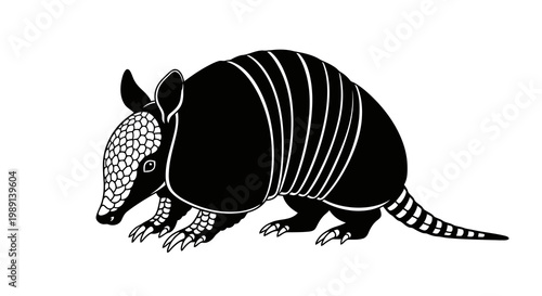 A black and white illustration of an armadillo on a white background.