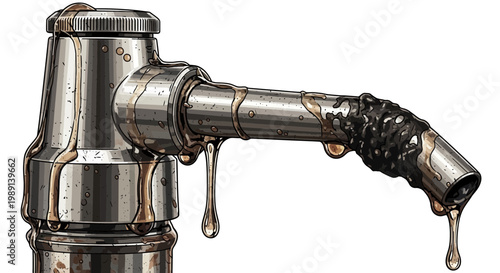 Dirty fuel nozzle dripping oil, isolated on white background