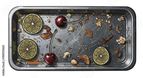 Dirty Baking Tray with Lime Slices and Cherries