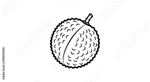 A simple black and white drawing of a lychee fruit with textured surface.