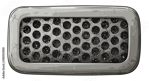 Grungy metallic vent with circular perforations, industrial design element