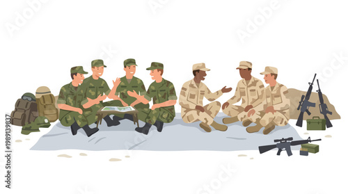 vector of different army troops making peace, carrying out a ceasefire 18