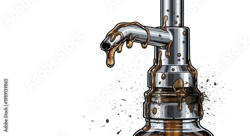 Liquid dripping from metal spout, close-up, industrial design, white background