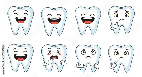 Dental hygiene illustration featuring eight cute tooth characters with various facial expressions and emotions on a white background.