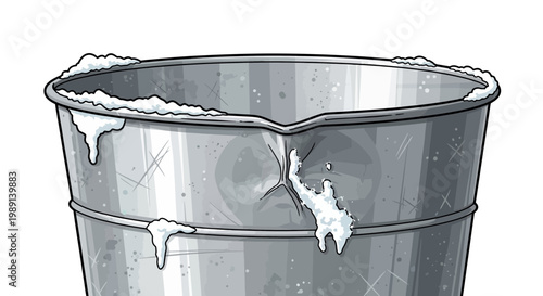 Metal bucket with snow and ice