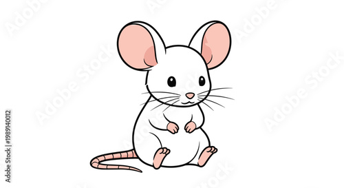 Cute white mouse character with large ears and a long tail sitting and looking forward shown as a simple cartoon illustration on white.
