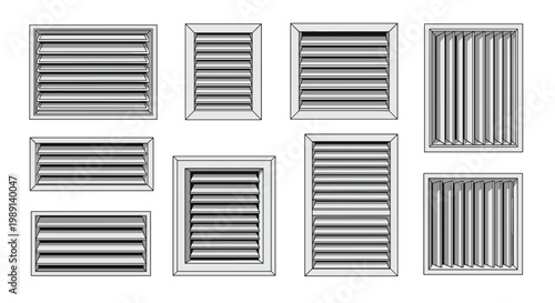 Set of technical illustrations depicting various types of metal ventilation grilles and air vents for HVAC systems on white background.