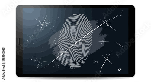 Tablet screen with fingerprint and scratches